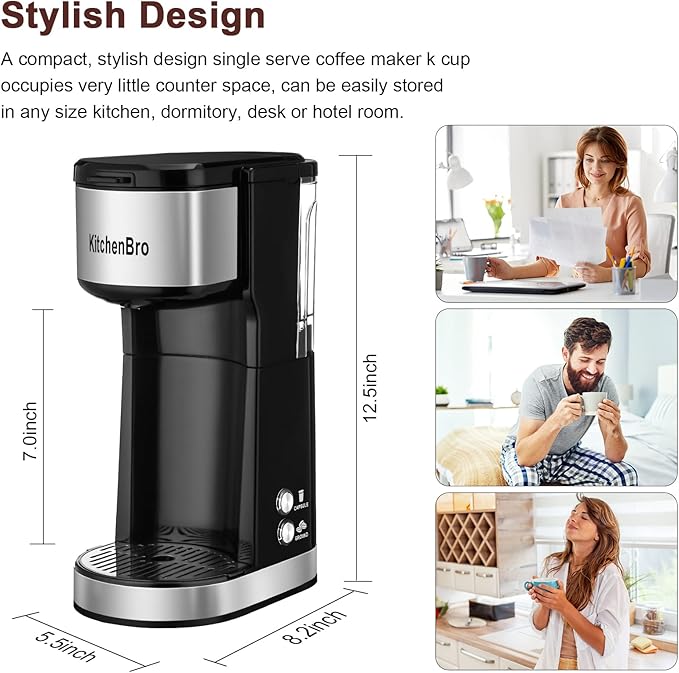 Single Serve Coffee Maker K Cup with Reservoir, Space Saver One Cup Coffee Maker, 2 In 1 Coffee Maker 6 To 14 Oz Brew Sizes,Fits Travel Mug,Single Pod Coffee Maker with Self-Cleaning Function