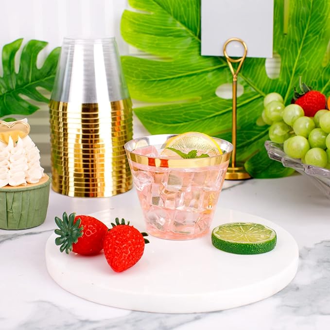 WELLIFE 120 PCS Gold Plastic Cups,9 oz Clear Plastic Cups,Disposable Wine Glasses for Party and Wedding