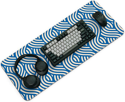 Large Computer Mouse Pad with Non-Slip Base for Desktop, Cute Gaming Mouse Mat with Stitched Edges, Long Extended Anime Mousepad for Laptop, 31.5 x 11.8 inches (Blue Wave Pattern)