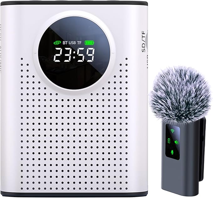Rechargeable Voice Amplifier Wireless Microphone for Teachers Classroom, Mini Lavalier Lapel Mic Clip Magnetic, Portable Bluetooth Speaker with LED Display for Class, Tour Guide, Coaches, White