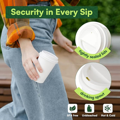 Disposable Coffee Cups with Lids 16 oz Paper Cups,100 Pack To Go Hot Cups with Lids, BPA Free Unbleached Thickened Leak Proof White Disposable Cups for Everyday Use Office Coffee Bar Supply Essentials