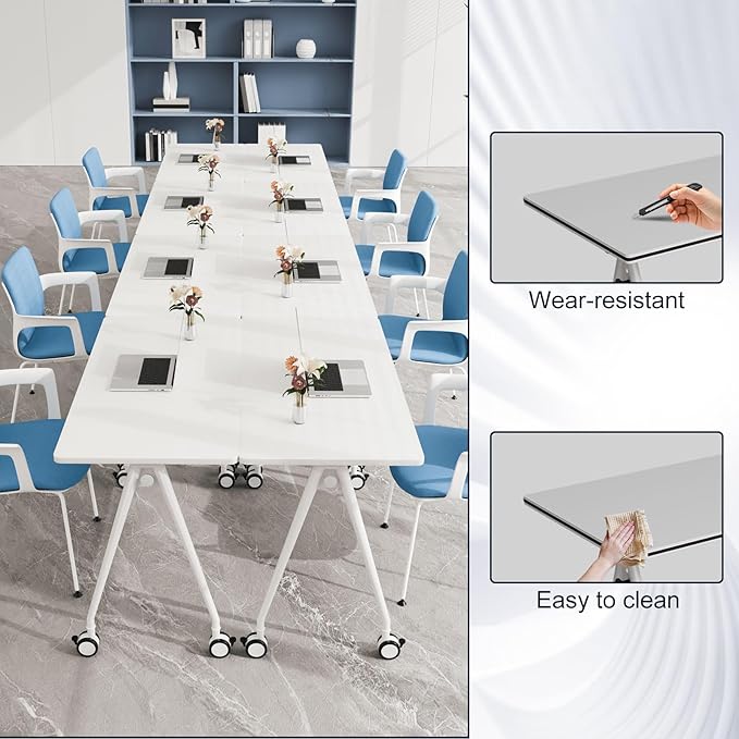 Folding Conference Table, Rectangular Conference Room Tables, Mobile Modular Training Table, Solid Steel Frame,Thickened Panel,for Offices,Meeting Room,Offices andSchools (8, White, 55in)