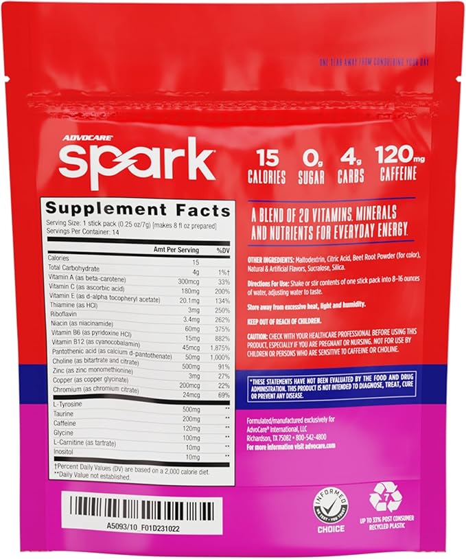 AdvoCare Spark - Energy Drink Mix - Vitamin & Amino Acid Supplement - Supports Energy & Focus* - Portable Immune Support* - Sugar-Free - Fruit Punch, 14 Stick Packs (3.5 oz)