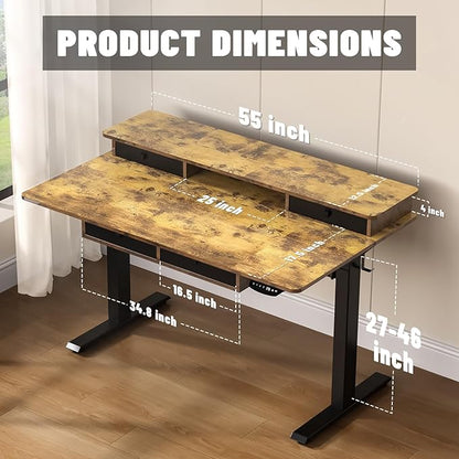 55 * 30 Inches Electric Standing Widened Desk Adjustable Height with 4 Drawers, Double Storage Shelves Stand Up Desk, Home Office Workstation Sit Stand up Desk (Rustic Brown)