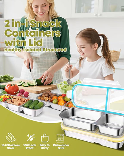 2Pack Stainless Steel Snack Containers for Kids Adults, Reusable 2 Compartment Snackle Box Container with Leakproof Lids Metal Bento Lunch Boxs Food Storage Containers for Travel Picnics Office School