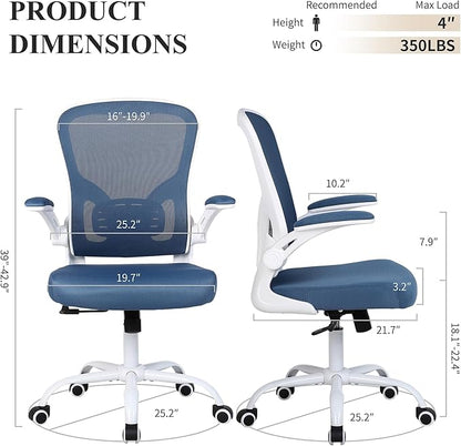 Flysky Ergonomic Office Chair, Mesh Home Office Desk Chair with Flip-up Arms and Lumbar Support, Height Adjustable, Swivel, White & Blue