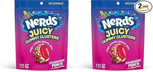 NERDS Juicy Gummy Clusters, Strawberry Punch, Juicy and Gummy Candy, 1 Stand Up Bag, for Snacking and Sharing, 7.15 oz (Pack of 2)