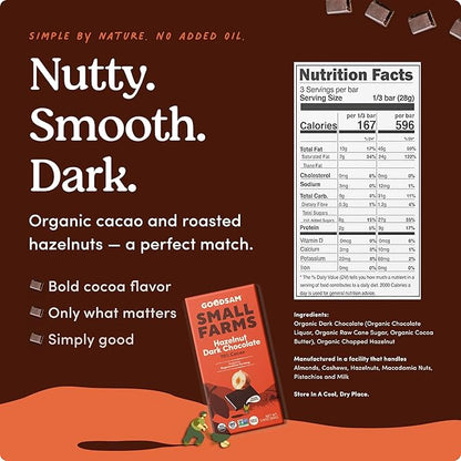 GoodSAM Hazelnut Dark Chocolate Bars - (Pack of 3) – 70% Cacao Premium Organic Dark Chocolate with Roasted Hazelnuts – Fair Trade Snacks that Support Small Family Farms