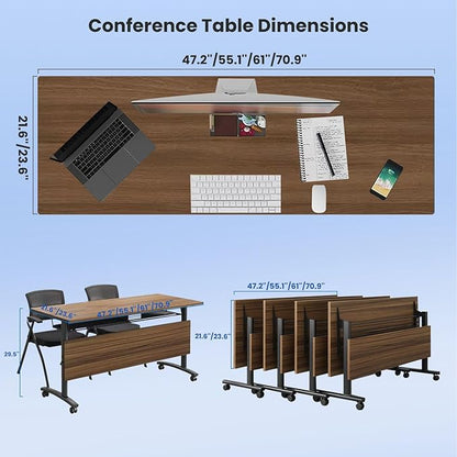 Mobile Conference Table,Modular Meeting Seminar Table,Portable Rolling Conference Training Table with Silent Wheels,Folding Flip Top Conference Room Tables for Office,Classroom,Meeting (8pcs, 70.8in)