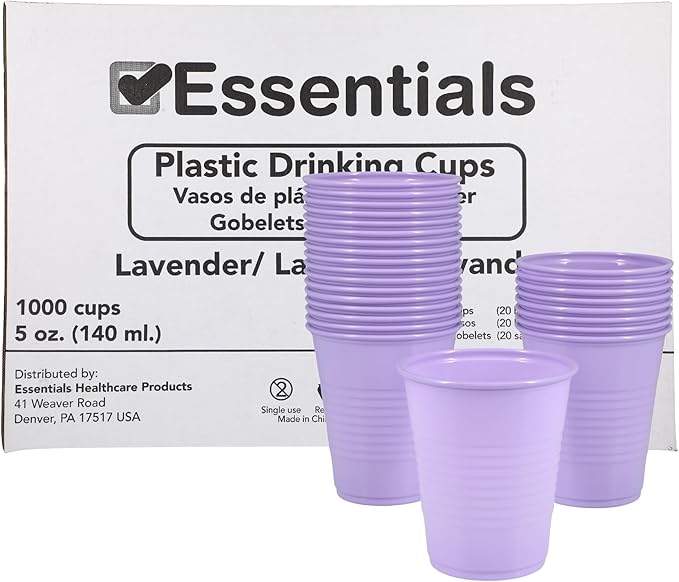 Essentials Healthcare Products Plastic Drinking Cups - Full Case of 1000 Cups - Lavender 5 oz Disoposable Cups for Cold Beverages, Parties, Office, or Medical Use - Durable & Convenient
