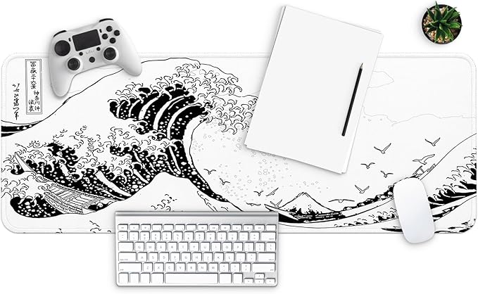 MAY FLOWER Large Gaming Mouse Pad, Full Keyboard Mat, Long Laptop Mousepad, Computer Mouse Mat for Home and Office, Anti-Slip Rubber Base, 31.5 x 11.8 Inches (White Sea Wave)