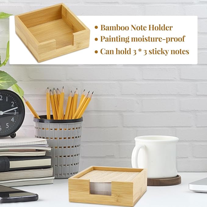 Wood Bamboo Sticky Note Holder - Cube Sticky Notes Dispenser Organizer for School Office Home Desk