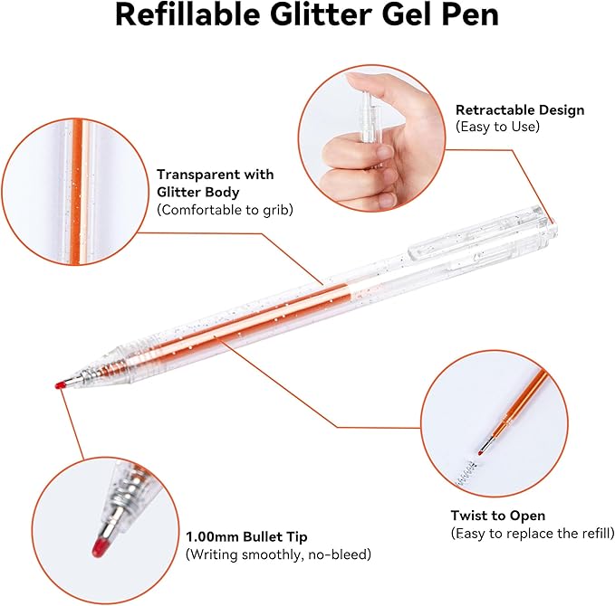 12 Colors Retractable Sparkle Glitter Gel Pens, 1mm Fine Point Refillable Metallic Gel Pens Sets for Kids Adult Coloring, Cards Making, Journaling, Highlighting, Art Projects, Gift for Christmas