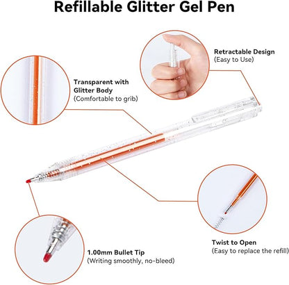 12 Colors Retractable Sparkle Glitter Gel Pens, 1mm Fine Point Refillable Metallic Gel Pens Sets for Kids Adult Coloring, Cards Making, Journaling, Highlighting, Art Projects, Gift for Christmas
