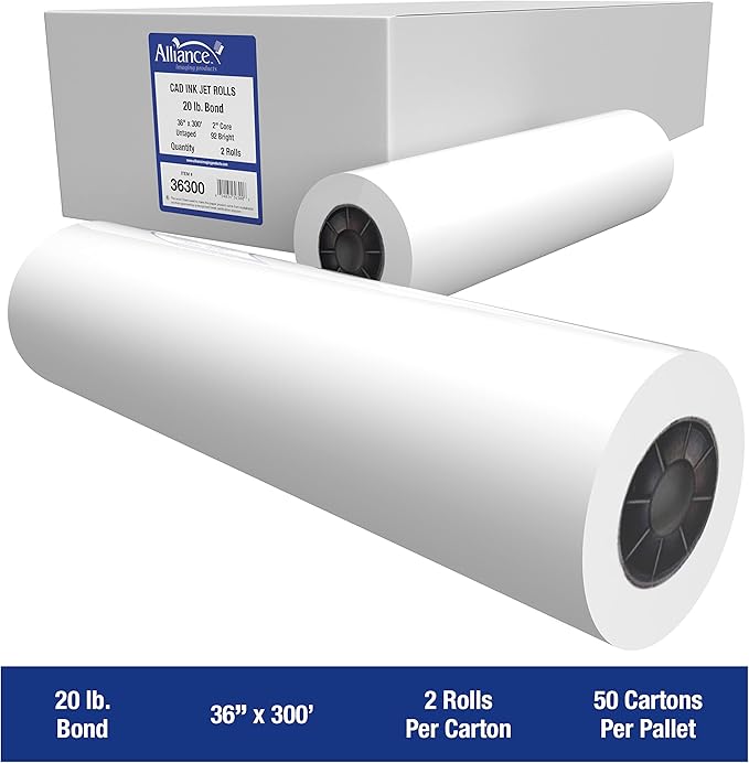 Alliance Wide Format Paper CAD Bond Rolls (20lb | 100 Rolls, 36 In x 300 Ft | 2" Core)