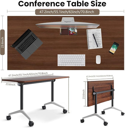 Folding Conference Room Tables, Seminar Conference Table Modern Flip Top Training Meeting Tables, Conference Room Table with Wheels for Home Office Classr,8 Pack 70.8inch