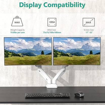 WALI Dual Monitor Stand, Adjustable Gas Spring Arm Monitor Mount for 2 Monitors up to 32 Inch,19.8lbs Capacity (GSMP002W), White by WALI