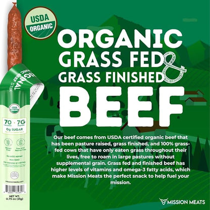 Mission Meats 100% Certified Organic Beef Sticks – Pasture-Raised, Zero Sugar, Non-GMO, Healthy Individually Wrapped Meat Sticks Snack, 0.75oz (24 Count)