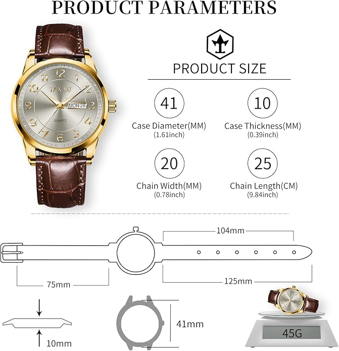 Men's Watch Big Face Easy Read Arabic Numeral Dress Watches for Men Classic Black Brown Leather Band Analog Mens Wrist Watch with Day and Date Fashion Business Waterproof Luminous Quartz Watch