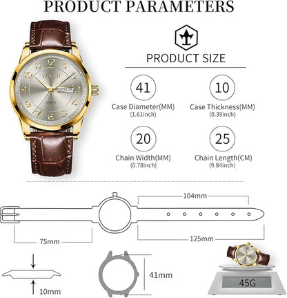 Men's Watch Big Face Easy Read Arabic Numeral Dress Watches for Men Classic Black Brown Leather Band Analog Mens Wrist Watch with Day and Date Fashion Business Waterproof Luminous Quartz Watch