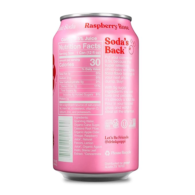Poppi Sparkling Prebiotic Soda Beverage with Apple Cider Vinegar, Seltzer Water and Fruit Juice, Raspberry Rose Flavor, 12 oz, Pack of 12, Packaging May Vary