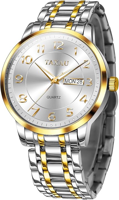 Stainless Steel Mens Watches with Day Date Quartz Analog Large Face Classic Watch Arabic Numerals Dress Luminous Rlojes para Hombres
