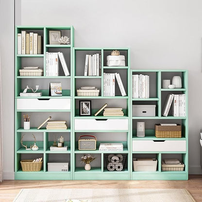 IOTXY Wooden Open Shelf Bookcase - 71 Inches Tall Freestanding Display Storage Cabinet Organizer with 10 Cubes and a Drawer, Floor Standing Bookshelf in Tiffany-Green