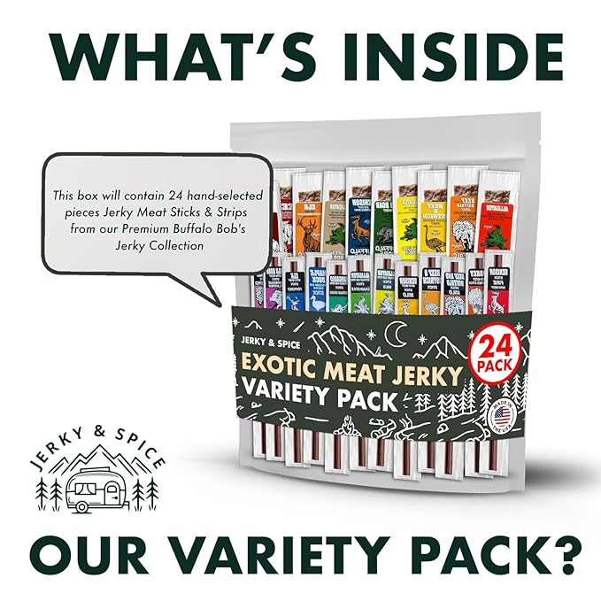 Buffalo Bob's Wild Game Meat Snacks Gift Box (24 pack) | Ultimate Exotic Snack Box | Multiple Wild Game Beef Sticks | Jerky Variety Pack for Anniversary, Camping, Hunting & Birthday Gifts for Men