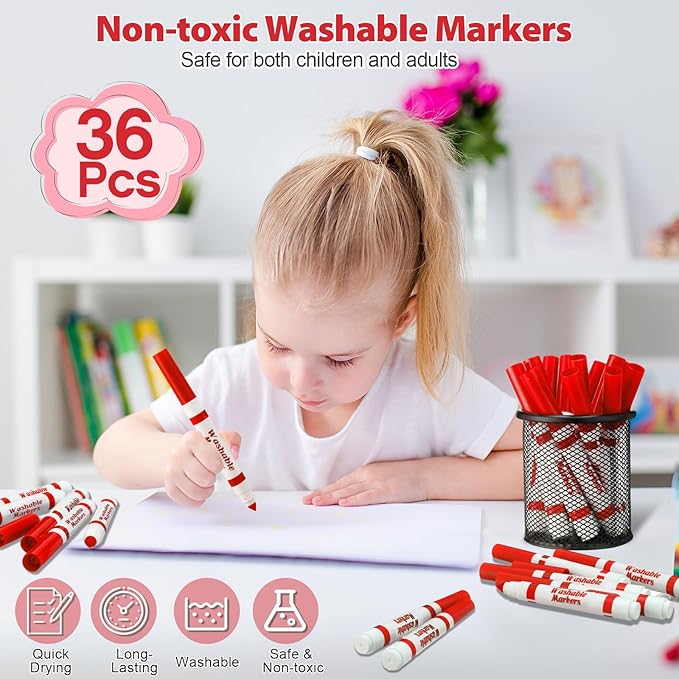 Janlaugh 36 Pcs Red Washable Markers Bulk Coloring Broad Line Markers for Kids Red Conical Tip drawing pen for School Supplies, travel Art baby shower gender reveal party Supplies, Ages 6+