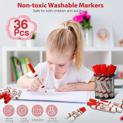 Janlaugh 36 Pcs Red Washable Markers Bulk Coloring Broad Line Markers for Kids Red Conical Tip drawing pen for School Supplies, travel Art baby shower gender reveal party Supplies, Ages 6+