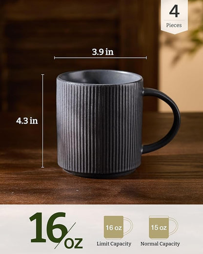 famiware Coffee Mug Set for 4, Star 16 oz Catering Mugs Cup Set with Handle for Coffee, Tea, Cocoa, Milk - Ceramic Stoneware Drinkware Set, Matte Dark Charcoal
