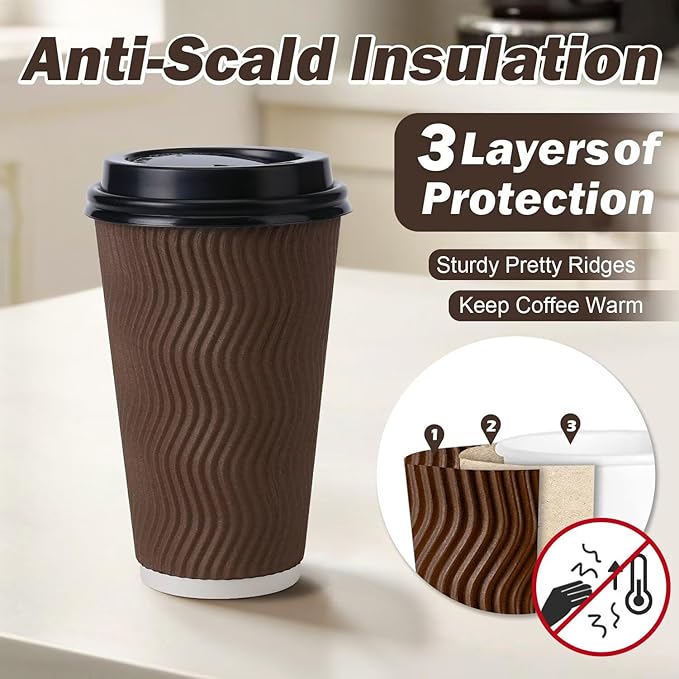 16 oz Coffee Cups with Lids 50 Pack, Disposable Coffee Cups with Lids, Insulated To Go Paper Coffee Cup for Hot Cold Drinks