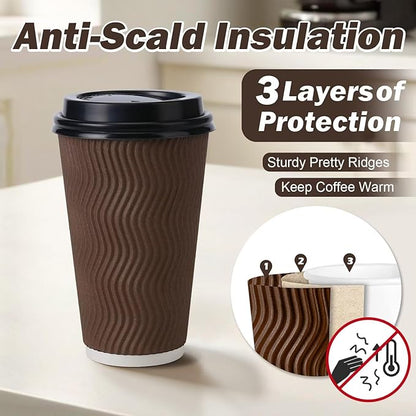 16 oz Coffee Cups with Lids 50 Pack, Disposable Coffee Cups with Lids, Insulated To Go Paper Coffee Cup for Hot Cold Drinks