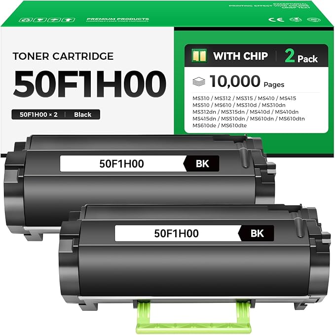 50F1H00 Black Toner Cartridge with Chip 2-Pack High Yield Replacement for Lexmark 501H 50F1H00 Toner Compatible with Lexmark MS310 MS312 MS315 MS410 MS415 MS510 MS610 Laser Printer Ink dn d dtn de dte