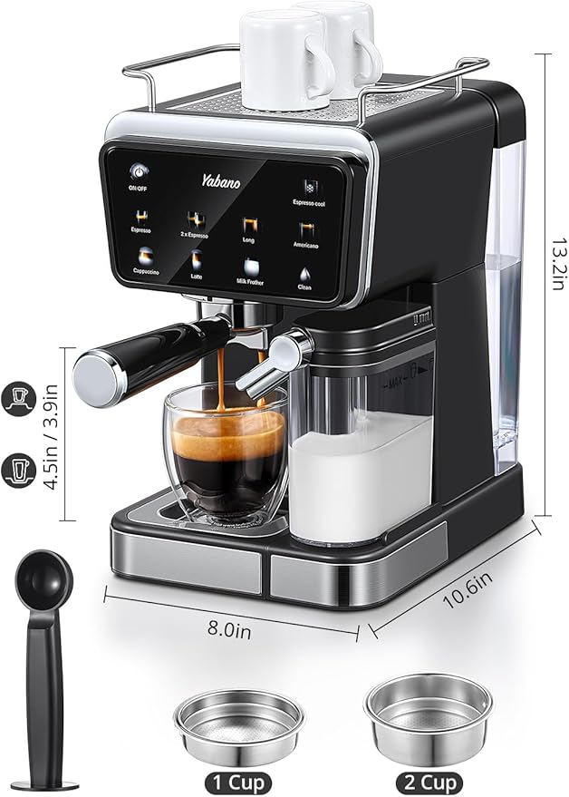 Yabano Espresso Machine with LED Touch Screen, 20 Bar Pressure & Automatic Milk Frother, 1.5L Water Tank, for Cappuccino, Americano & Latte, 1350W