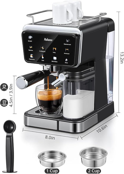 Yabano Espresso Machine with LED Touch Screen, 20 Bar Pressure & Automatic Milk Frother, 1.5L Water Tank, for Cappuccino, Americano & Latte, 1350W