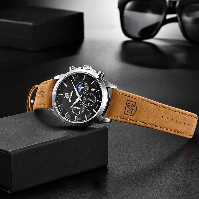 BY BENYAR Mens Watches Analog Quartz Chronograph Waterproof Wrist Watches for Men Fashion Business Work Casual Sport Designer Dress Watch with Calendar Elegant Gifts for Men