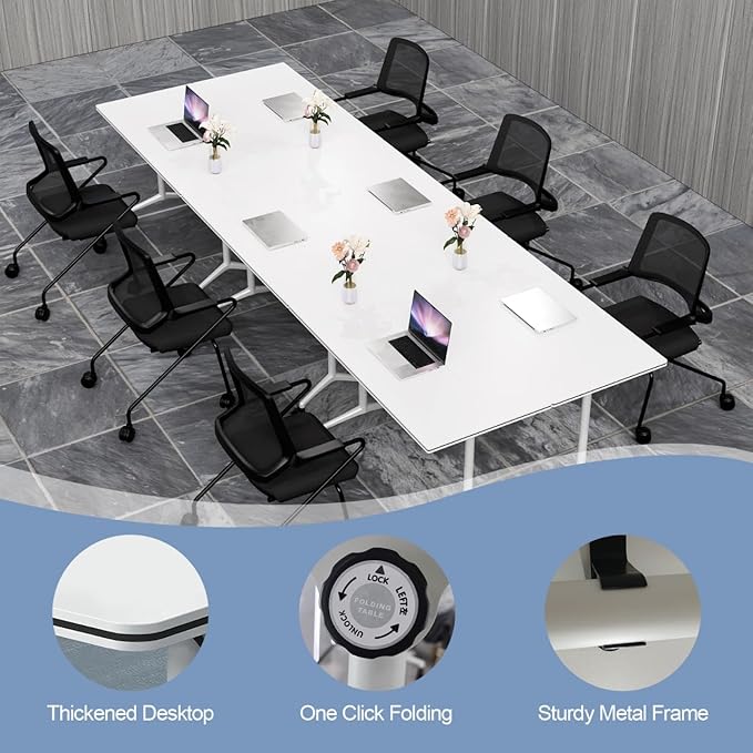 Conference Table, Foldable Conference Room Tables with Silent Wheels, Folding Modular Seminar Meeting Tables, Modern Rectangle Training Table for Office, Boardroom (4, White, 55.1)