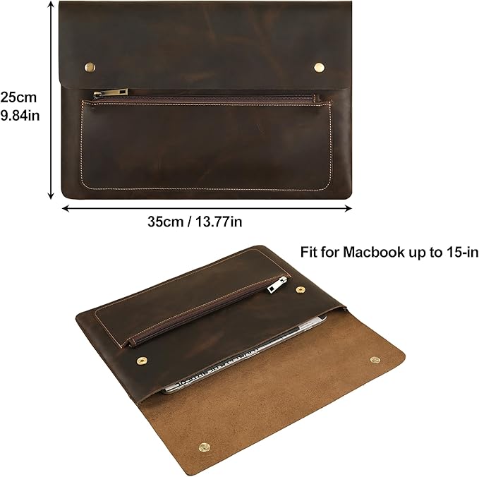 Genuine Leather Sleeve for 13/14/15-in MacBook Pro & MacBook Air, Slim Protective Laptop Case, Folio Document Organizer Leather Folder Portfolio-Dark Kahki