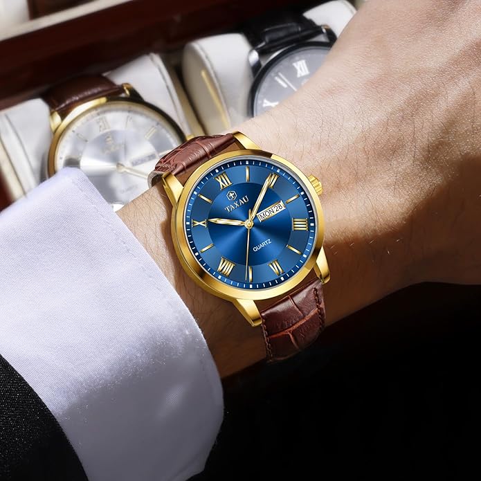 Men's Watch Big Face Easy Read Arabic Numeral Dress Watches for Men Classic Black Brown Leather Band Analog Mens Wrist Watch with Day and Date Fashion Business Waterproof Luminous Quartz Watch