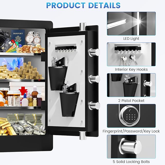 5.1 Cuft Large Biometric Fireproof Safe for Home Use, Quick-Access Fingerprint Safe Box with Fireproof Document Bag, 3 Removable Shelves and Dual Alert, Security Safety Box for Home Office