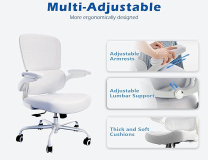 TRALT Ergonomic Office Chair - Desk Chair with Adjustable Lumbar Support Computer Chair - Mesh Comfy Chair with Flip-up Armrests - Gaming Chairs for Adults Home Office (Leather, White)