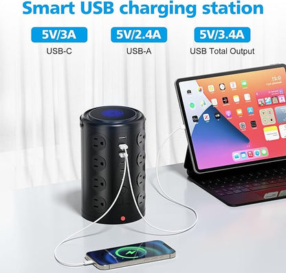 Tower Surge Protector Power Strip (16 AC Outlets + 5 USB Ports Including 2 Type-C), 5FT Extension Cord, 1800J Protector Charging Tower, Essential for Home/Office/Dorm