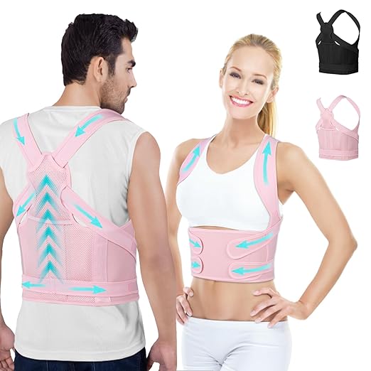 Posture Corrector for Women and Men,4 In 1 Adjustable Full Back Brace,Posture Braces Can Relieve Upper and Lower Back Pain, Shoulder Braces for Hunchback,Scoliosis, Lumbar Spine, Spine（Large Pink）