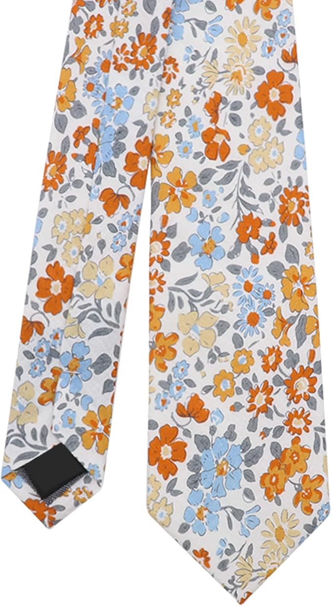 Cotton Floral Ties for Men 2.76" Men's Skinny Tie Linen Flower Printed Neck Tie for Wedding Dating Party
