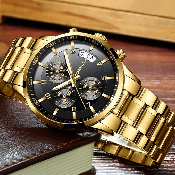 CRRJU Men's Fashion Stainless Steel Watches Date Waterproof Chronograph Wristwatches,Black Steel Band Waterproof Quartz Watch for Men