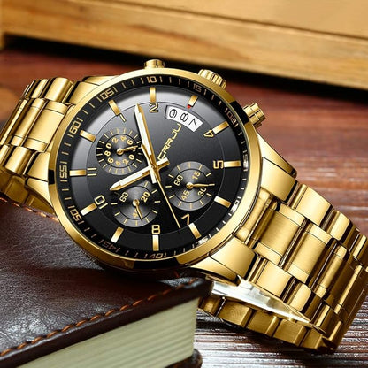 CRRJU Men's Fashion Stainless Steel Watches Date Waterproof Chronograph Wristwatches,Black Steel Band Waterproof Quartz Watch for Men