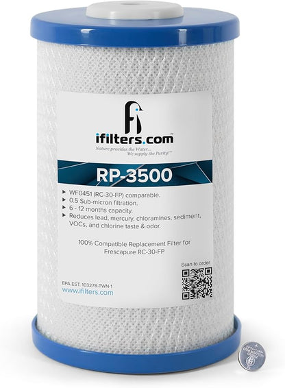 iFilters RP-3500 Carbon Block Drinking Water Filter Replacement Cartridge, 1000 GPD - 0.5 Micron | 100% Compatible Fit with Frescapure 3500 WF0451 | Reduces Lead, Cysts, Sediment, VOCs, Chlorine
