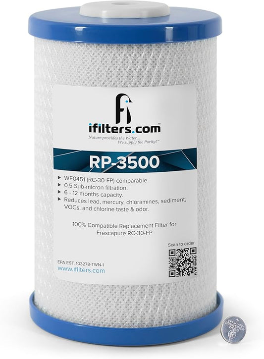 iFilters RP-3500 Carbon Block Drinking Water Filter Replacement Cartridge, 1000 GPD - 0.5 Micron | 100% Compatible Fit with Frescapure 3500 WF0451 | Reduces Lead, Cysts, Sediment, VOCs, Chlorine
