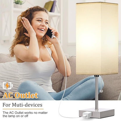Table Lamp for Bedroom set of 2,3-Color Bedside Lamps with Pull Chain Table Lamps for Nightstand with AC Outlets,18'' Night Light Lamps with 2 Bulbs Lamps for Living Room Kids Office Decor（Nickel）